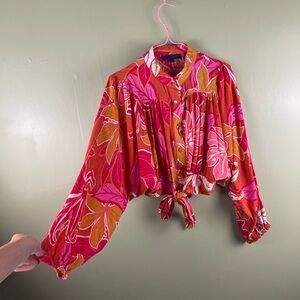 Rachel Roy floral colorful tie front balloon sleeve blouse